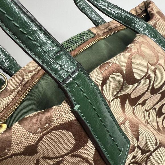 Coach F22706 Signature Stripe Patent Leather Tote Khaki Green Python Trim Handba - Picture 2 of 10